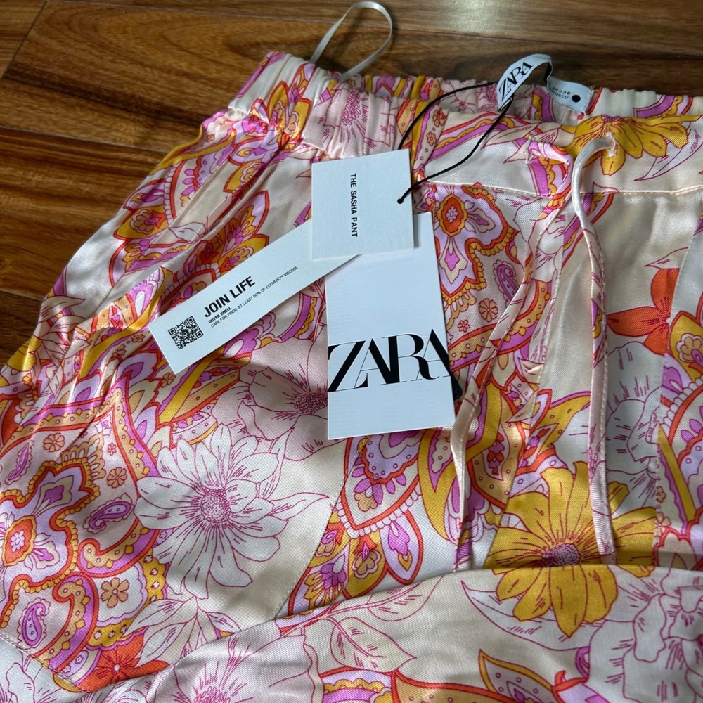 Zara The Sasha Pant Floral Paisley Tie Cuff Jogger Pants Pink Orange Yellow M - Picture 7 of 9